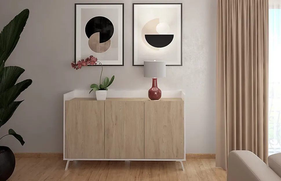 Buffet, meuble de rangement avec 3 portes coloris blanc, chêne - Hauteur 87 x Longueur 140 x profondeur 40 cm