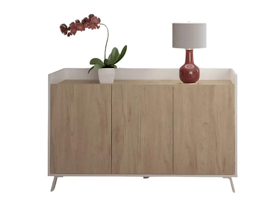 Buffet, meuble de rangement avec 3 portes coloris blanc, chêne - Hauteur 87 x Longueur 140 x profondeur 40 cm