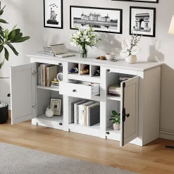 Buffet salon 130x35x70 cm, 2 portes + tiroir, casiers à bouteilles, blanc