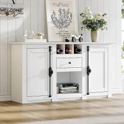 Buffet salon 130x35x70 cm, 2 portes + tiroir, casiers à bouteilles, blanc