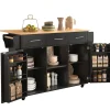 Buffet 139x46x91.5 cm, plan rabattable, roulettes, pieds bois - noir + bois massif