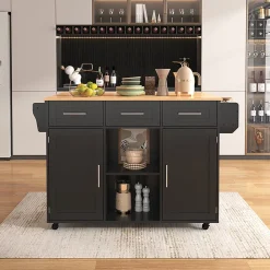 Buffet 139x46x91.5 cm, plan rabattable, roulettes, pieds bois - noir + bois massif