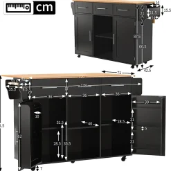 Buffet 139x46x91.5 cm, plan rabattable, roulettes, pieds bois - noir + bois massif