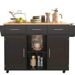 Buffet 139x46x91.5 cm, plan rabattable, roulettes, pieds bois - noir + bois massif