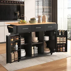 Buffet 139x46x91.5 cm, plan rabattable, roulettes, pieds bois - noir + bois massif