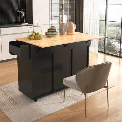 Buffet 139x46x91.5 cm, plan rabattable, roulettes, pieds bois - noir + bois massif