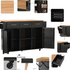 Buffet 139x46x91.5 cm, plan rabattable, roulettes, pieds bois - noir + bois massif