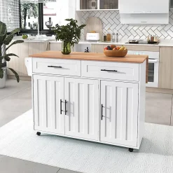 Buffet 129x46x91.5 cm, plateau rabattable, 2 tiroirs, 5 roulettes - blanc