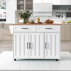 Buffet 129x46x91.5 cm, plateau rabattable, 2 tiroirs, 5 roulettes - blanc