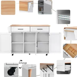 Buffet 129x46x91.5 cm, plateau rabattable, 2 tiroirs, 5 roulettes - blanc