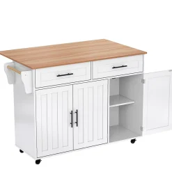 Buffet 129x46x91.5 cm, plateau rabattable, 2 tiroirs, 5 roulettes - blanc