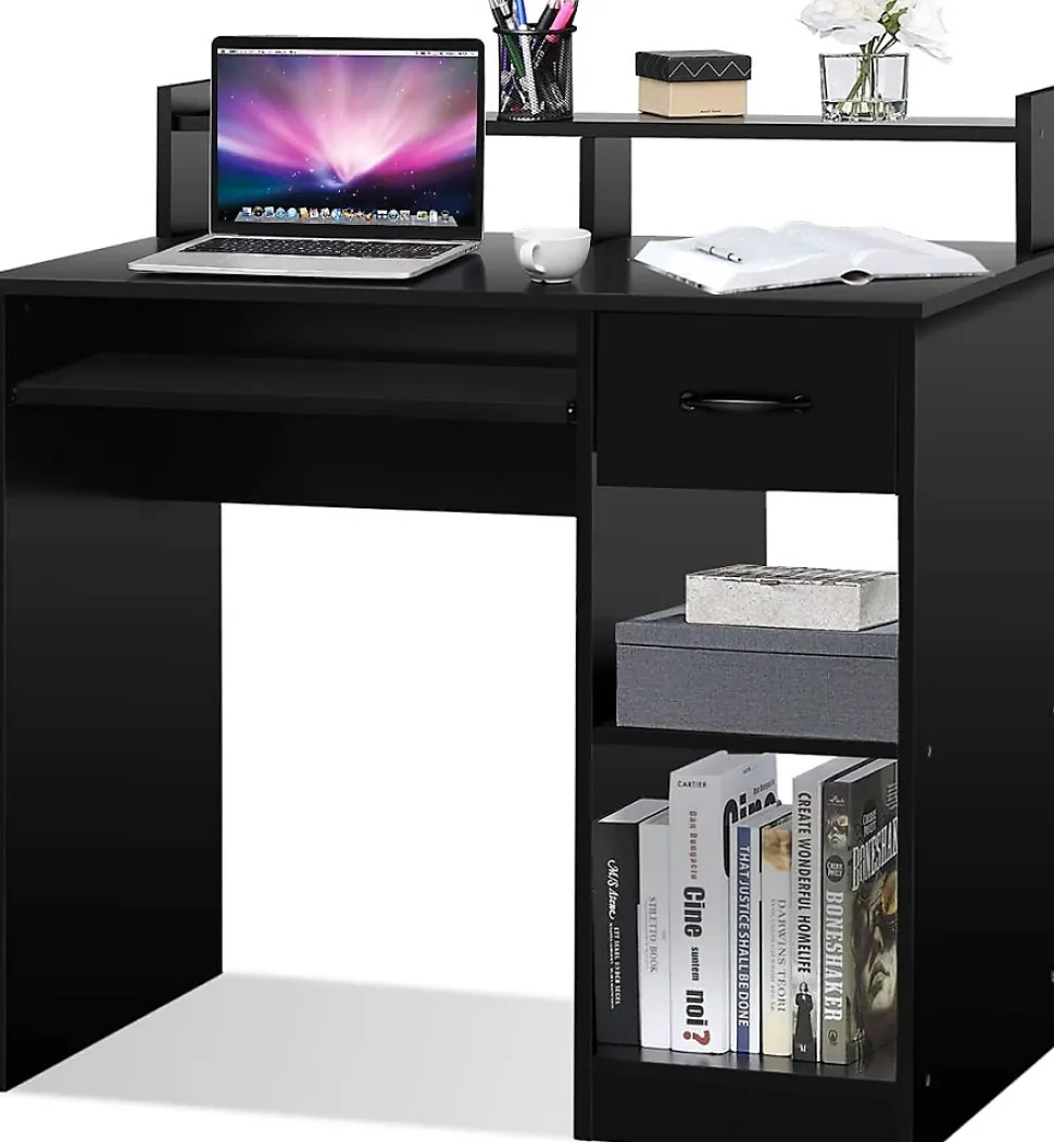 Bureau Informatique avec 1 Tiroir et 2 Etageres Table Ordinateur avec Planche a Clavier Coulissante Chambre Noir