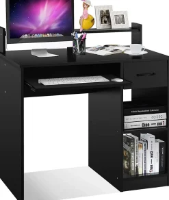 Bureau Informatique avec 1 Tiroir et 2 Etageres Table Ordinateur avec Planche a Clavier Coulissante Chambre Noir