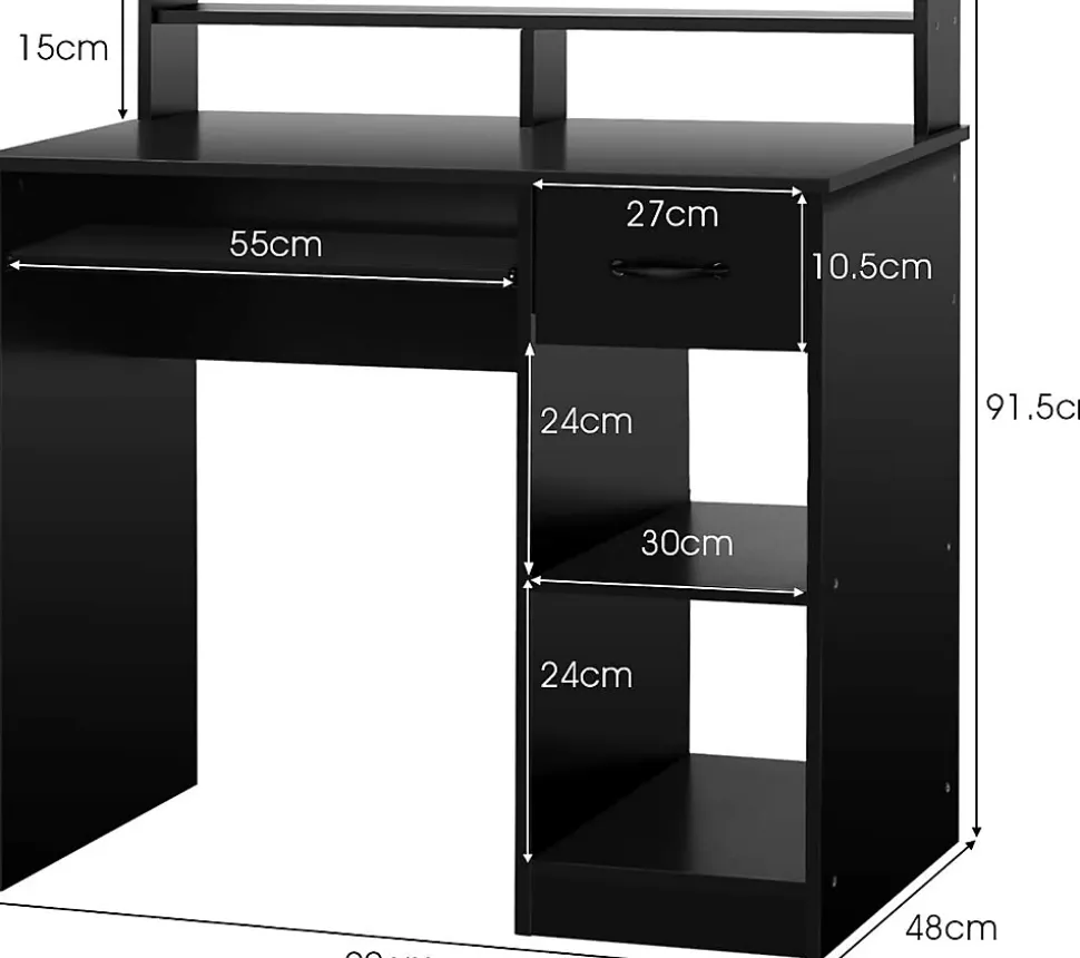 Bureau Informatique avec 1 Tiroir et 2 Etageres Table Ordinateur avec Planche a Clavier Coulissante Chambre Noir