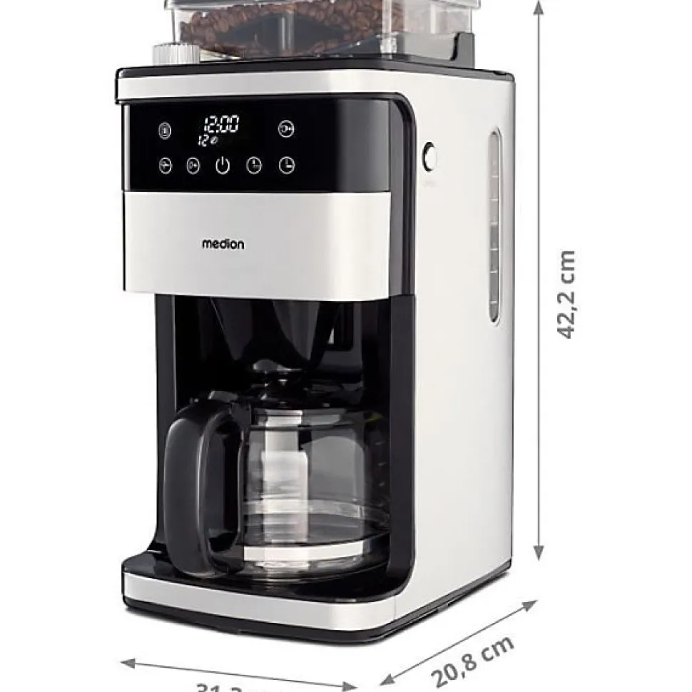 Cafetiere Filtre Digitale avec Broyeur - MEDION - 1000W - 1,5L - Silver