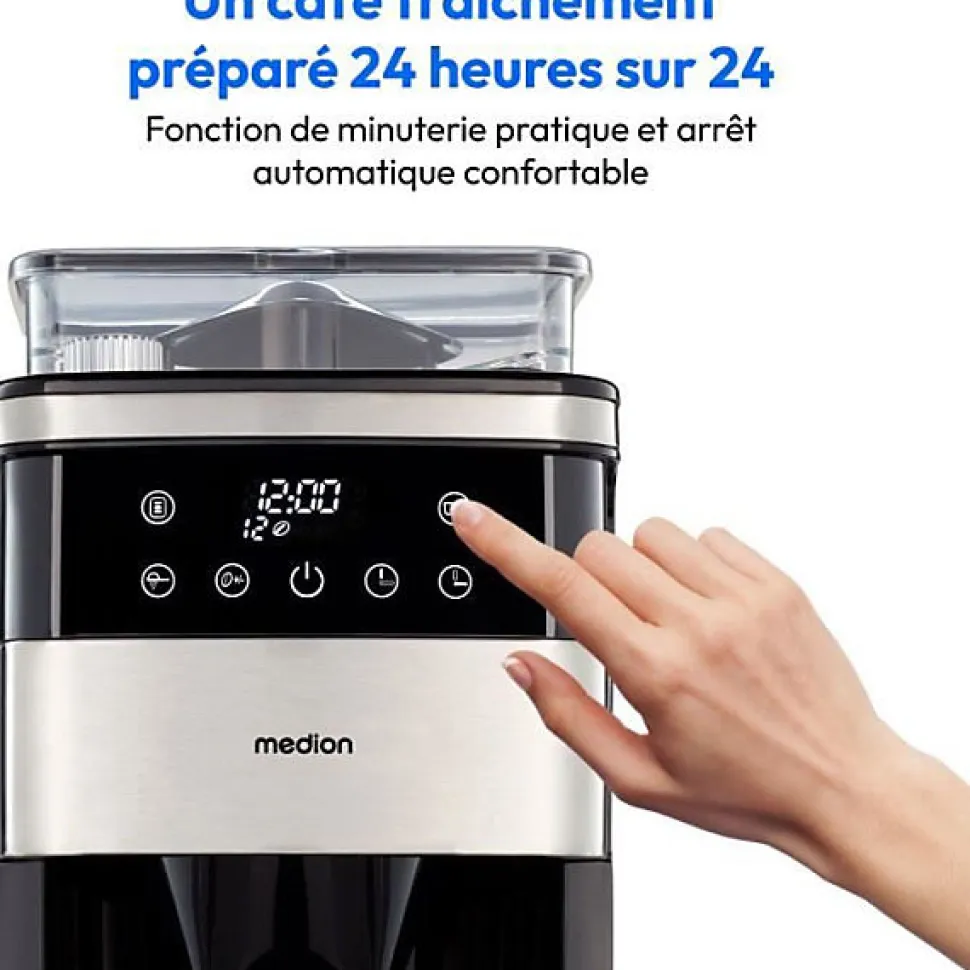 Cafetiere Filtre Digitale avec Broyeur - MEDION - 1000W - 1,5L - Silver