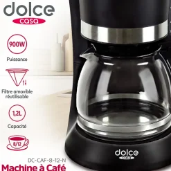 Cafetière 1,2L - 8-12 Tasses 900W - Dolce Casa DC-CAF-8-12-N - Filtre amovible - Fonction maintien au chaud - Noir Mat