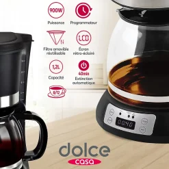 Cafetière 1,2L - 8-12 Tasses 900W - Dolce Casa DC-CAF-8-12-PRO - Filtre amovible - ECRAN LCD, Programmable - Noir Mat