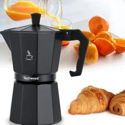 Cafetière Moka Traditionnelle en Aluminium - Techwood TCA-012 - 12 Tasses - Utilisable sur tous types de feux - Coloris Noir