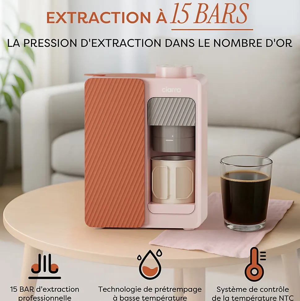Cafetière Portable 180 ml Machine à café 15 Bars Batterie intégrée et Secteur Compacte et Nomade Ciarra Bloom Box CBPCM551-P