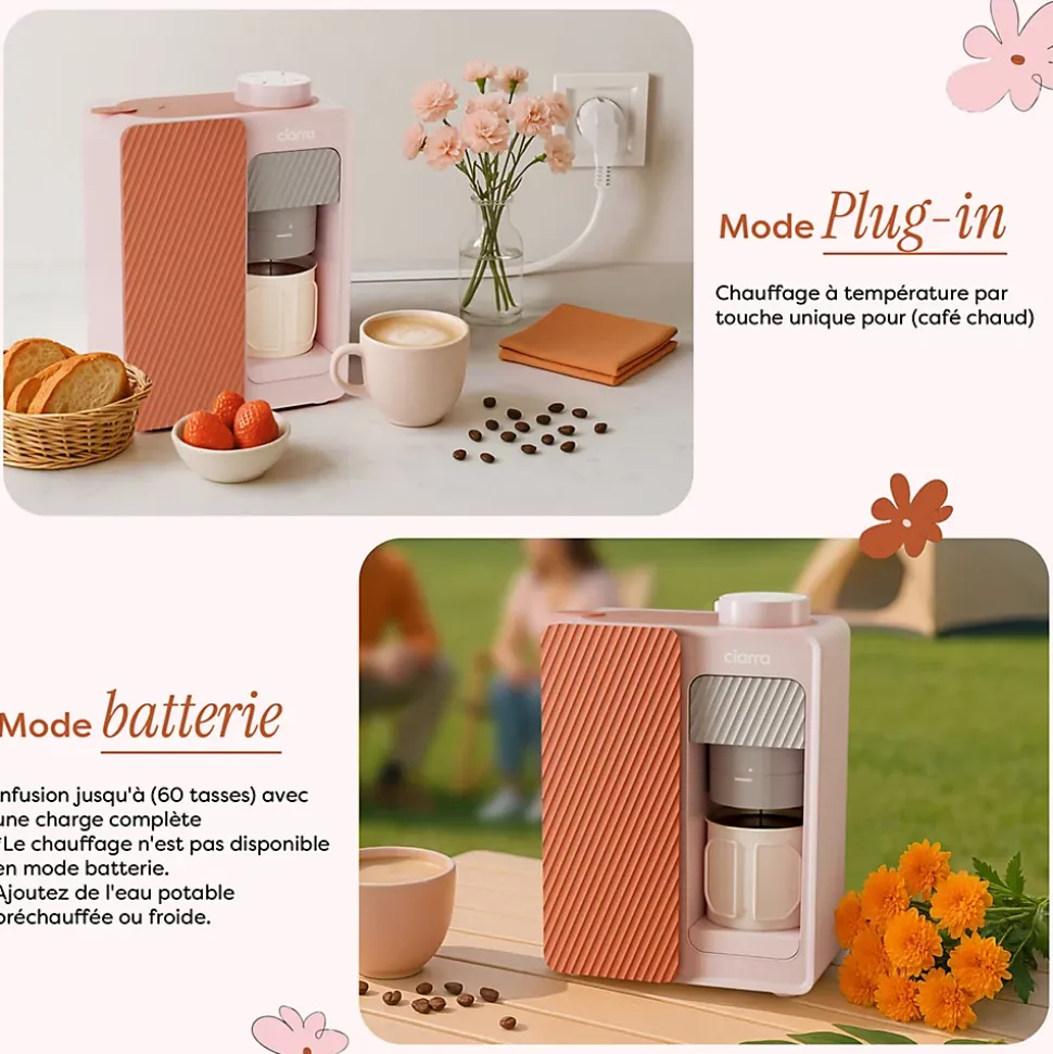 Cafetière Portable 180 ml Machine à café 15 Bars Batterie intégrée et Secteur Compacte et Nomade Ciarra Bloom Box CBPCM551-P