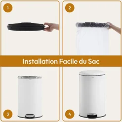 CASABEL Poubelle Cuisine 30L - 100% Acier Inoxydable, Anti-Traces de Doigts, Corbeille Ronde avec Pédale et Couvercle, Blanc