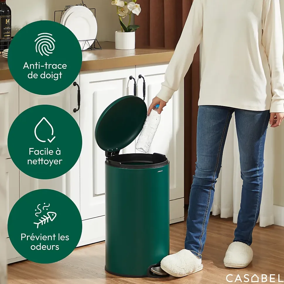 CASABEL Poubelle Cuisine 30L - 100% Acier Inoxydable, Anti-Traces de Doigts, Corbeille Ronde avec Pédale et Couvercle, Vert