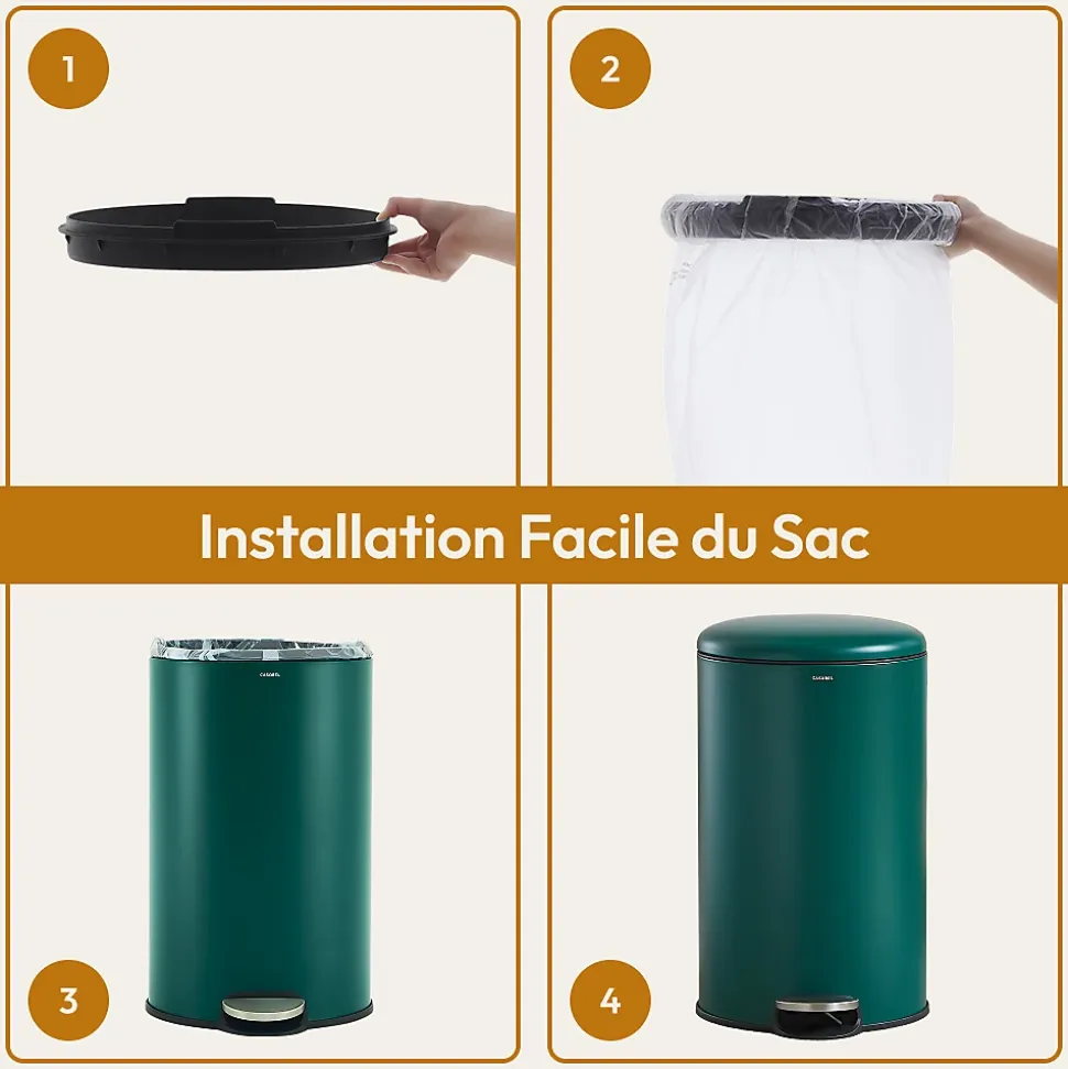 CASABEL Poubelle Cuisine 30L - 100% Acier Inoxydable, Anti-Traces de Doigts, Corbeille Ronde avec Pédale et Couvercle, Vert