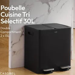 CASABEL Poubelle Cuisine Double 2x15L en Acier Inoxydable, Anti-Traces, avec Pédales et Couvercles Hermétiques pour Tri Sélectif