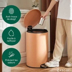 CASABEL Poubelle Cuisine 50L en Acier Inoxydable, Anti-Traces, Poubelle Ronde avec Pédale et Couvercle, Terracotta