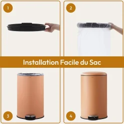 CASABEL Poubelle Cuisine 50L en Acier Inoxydable, Anti-Traces, Poubelle Ronde avec Pédale et Couvercle, Terracotta