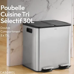 CASABEL Poubelle Cuisine Double 2x15L en Acier Inoxydable, Anti-Traces, avec Pédales et Couvercles Hermétiques pour Tri Sélectif