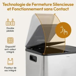 CASABEL Poubelle Cuisine Double 2x15L en Acier Inoxydable, Anti-Traces, avec Pédales et Couvercles Hermétiques pour Tri Sélectif