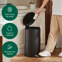 CASABEL Poubelle Cuisine 30L en Acier Inoxydable, Anti-Traces, Poubelle Ronde avec Pédale et Couvercle, Noir