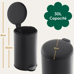 CASABEL Poubelle Cuisine 30L en Acier Inoxydable, Anti-Traces, Poubelle Ronde avec Pédale et Couvercle, Noir