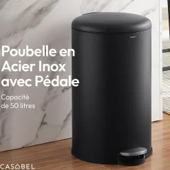 CASABEL Poubelle Cuisine 50L en Acier Inoxydable, Anti-Traces, Poubelle Ronde avec Pédale et Couvercle, Noir
