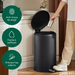 CASABEL Poubelle Cuisine 50L en Acier Inoxydable, Anti-Traces, Poubelle Ronde avec Pédale et Couvercle, Noir