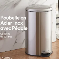 CASABEL Poubelle Cuisine 30L en Acier Inoxydable, Anti-Traces, Poubelle Ronde avec Pédale et Couvercle, Chrome