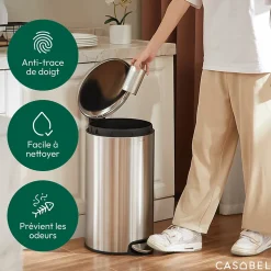 CASABEL Poubelle Cuisine 30L en Acier Inoxydable, Anti-Traces, Poubelle Ronde avec Pédale et Couvercle, Chrome