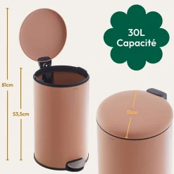 CASABEL Poubelle Cuisine 30L en Acier Inoxydable, Anti-Traces, Poubelle Ronde avec Pédale et Couvercle, Terracotta