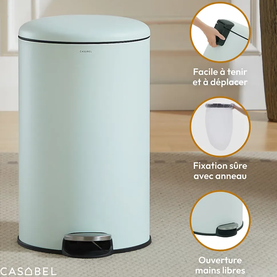 CASABEL Poubelle Cuisine 30L - 100% Acier Inoxydable, Anti-Traces de Doigts, Corbeille Ronde avec Pédale et Couvercle, Vert Menthe
