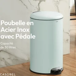 CASABEL Poubelle Cuisine 30L - 100% Acier Inoxydable, Anti-Traces de Doigts, Corbeille Ronde avec Pédale et Couvercle, Vert Menthe