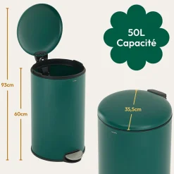 CASABEL Poubelle Cuisine 50L - 100% Acier Inoxydable, Anti-Traces de Doigts, Corbeille Ronde avec Pédale et Couvercle, Vert