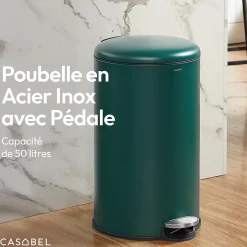 CASABEL Poubelle Cuisine 50L - 100% Acier Inoxydable, Anti-Traces de Doigts, Corbeille Ronde avec Pédale et Couvercle, Vert