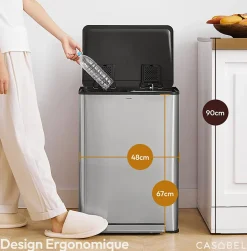 CASABEL Poubelle Tri Selectif 60L 2x30L Acier Inox Chrome Double Compartiments Pedale Bacs Amovibles Couvercles Silencieux