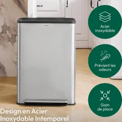 CASABEL Poubelle Tri Selectif 60L 2x30L Acier Inox Chrome Double Compartiments Pedale Bacs Amovibles Couvercles Silencieux