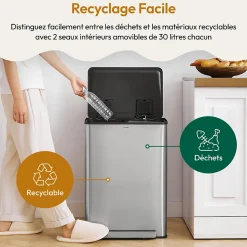 CASABEL Poubelle Tri Selectif 60L 2x30L Acier Inox Chrome Double Compartiments Pedale Bacs Amovibles Couvercles Silencieux