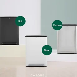 CASABEL Poubelle Tri Selectif 60L 2x30L Acier Inox Chrome Double Compartiments Pedale Bacs Amovibles Couvercles Silencieux