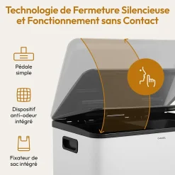 CASABEL Poubelle Tri Selectif 60L 2x30L Acier Inox Blanc Creme Double Compartiments Pedale Bacs Amovibles Couvercles Silencieux