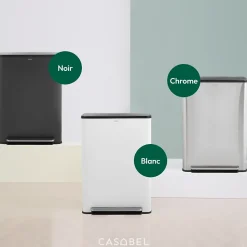 CASABEL Poubelle Tri Selectif 60L 2x30L Acier Inox Blanc Creme Double Compartiments Pedale Bacs Amovibles Couvercles Silencieux